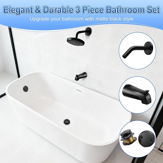 3 Piece Bathroom Fixture Set in Matte Black Shower Arm with Flange, Bathtub Drain, and 5-1/4 Inch Tub Spout Complete Upgrade Kit for Modern Bathrooms