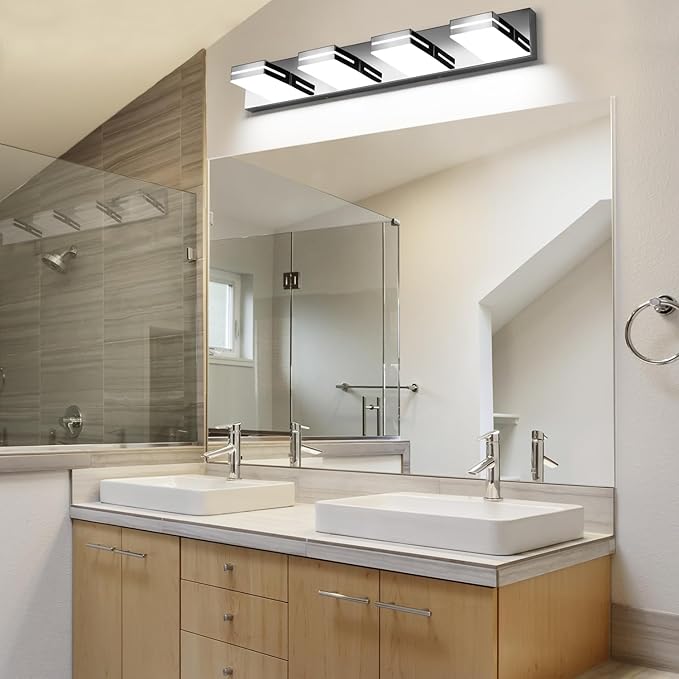 SineRise LED Modern Bathroom Vanity Light Fixtures (4-Light, 30-Inch), Chrome Modern Acrylic Bathroom Wall Lighting Fixtures Over Mirror (Cool White 6000K)