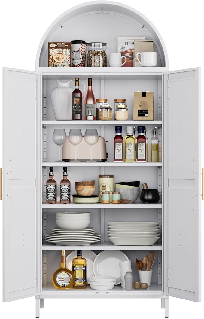 Farmhouse Kitchen Pantry Cabinet, 73in Tall Arched Storage Cabinet with Doors and Shelves, White Freestanding Cupboard for Laundry, Dining Room, Living Room, Bathroom