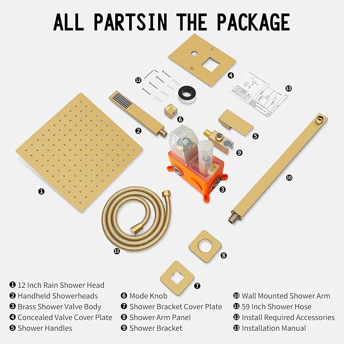 Bathroom Shower Faucet Set,10 Inch Rain Shower Head with Handheld Spray,Brass Shower Valve Trim Kit,Wall Mounted Square Rain Shower System (Brushed Gold)