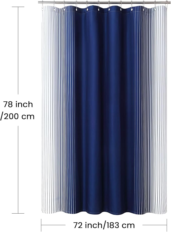 Blue Shower Curtain 78 Inches Long, Modern Navy Blue and White Gradient Vertical Stripe Waterproof Polyester Shower Curtains for Bathroom, 72x78 Inches