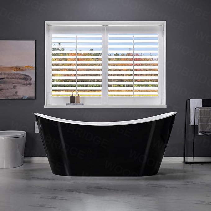 WOODBRIDGE 67" Acrylic Freestanding Bathtub Contemporary Soaking Tub with Brushed Nickel Overflow and Drain,Black,B1815-BN
