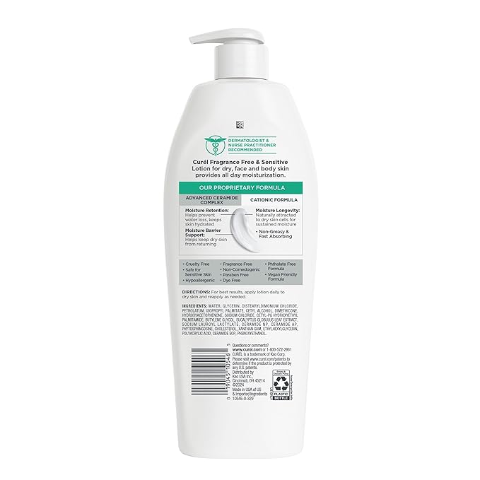 Curel Fragrance Free Lotion for Sensitive and Dry skin, Non-Greasy Hand and Body Lotion that Hydrates and Relieves Irritated Itchy Skin, Ceramide Moisturizer, Body Care, Bulk, 13 Oz (Pack of 3)