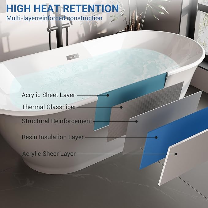 Freestanding Bath Tub 67 Inch Acrylic Oval Soaking Tub – Extra Large Freestanding Bathtub with Chrome Drain & Overflow, Stand Alone Tub for Home Spa, Deep Free Standing Soaking Tub for Relaxation