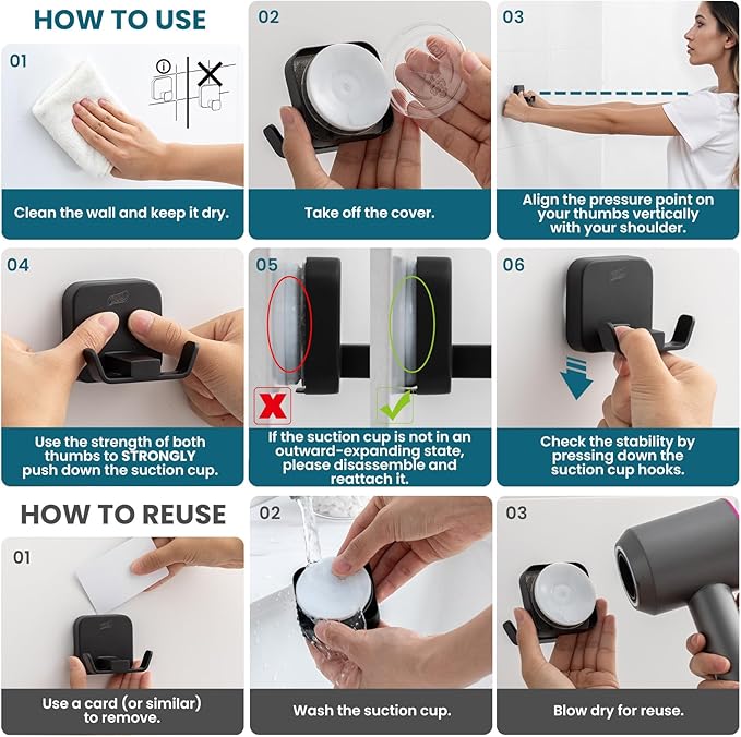 TAILI Patented Strong Suction Cup Holder, Thickened 304 Stainless Steel Bathroom Suction Hook for Towel, Loofah, Bathrobe, Damage-Free Hanging Shower Wall Hook, Double-Hook Widening Design, Black