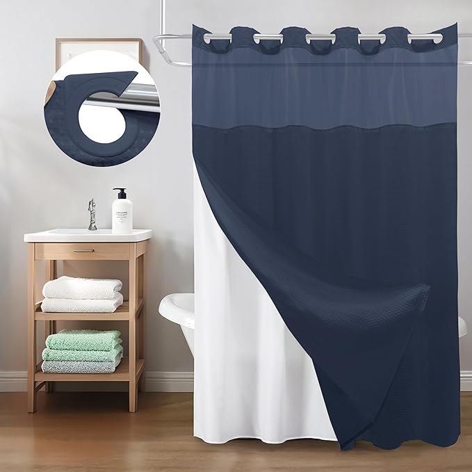 Inhousolu No Hook Shower Curtain with Snap in Fabric Liner Set Waffle Weave 230GSM Weighted Hem, Waterproof & Washable Bathroom Curtain Spa Luxury with Mesh Top Window 72" W x 72" L Navy Blue