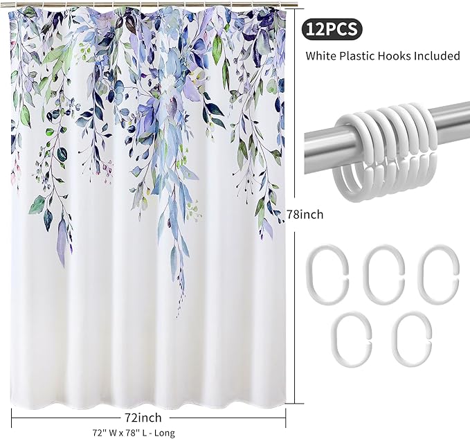 Colorful Star Green Eucalyptus Waterproof Shower Curtain Set with Hooks, Minimalist Watercolor Floral Print Bathroom Décor, Plant Leaves Washable Fabric Shower Curtain, 72 x 78 Inch