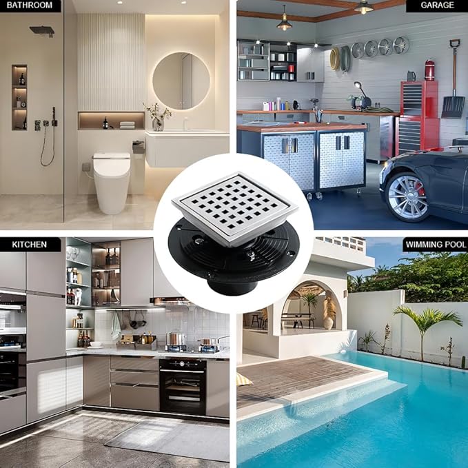 6 Inch Square Shower Floor Drain, Stainless Steel Flange with Removable Grid Cover Hair Strainer, Brushed Nickel