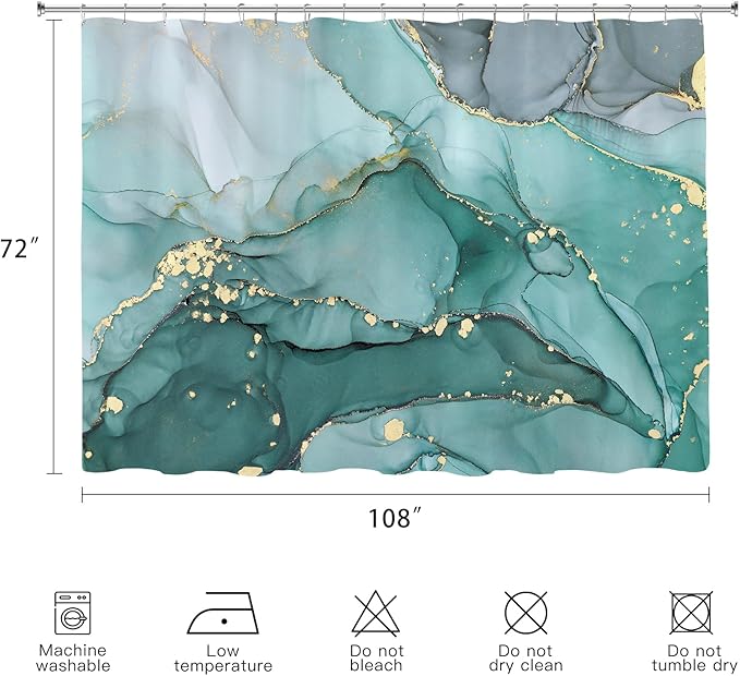 Extra Wide Marble Shower Curtain 108 x 72, Turquoise Abstract Shower Curtains for Claw Foot Tub, Modern Luxury 108 inch Long Shower Curtain Set with 18 Pack Plastic C-Hooks