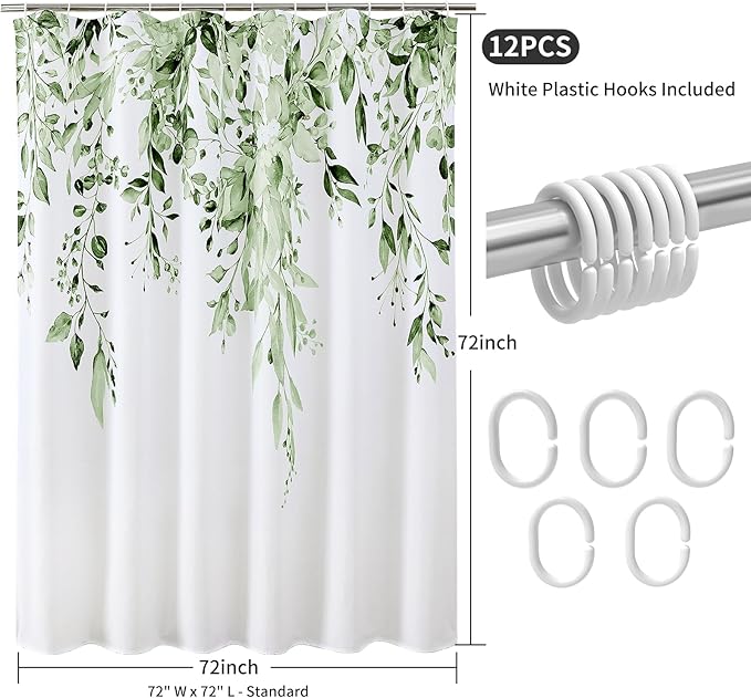 Colorful Star Olive Green Eucalyptus Waterproof Shower Curtain Set with Hooks, Minimalist Watercolor Floral Print Bathroom Décor, Plant Leaves Washable Fabric Shower Curtain, 72 x 72 Inch