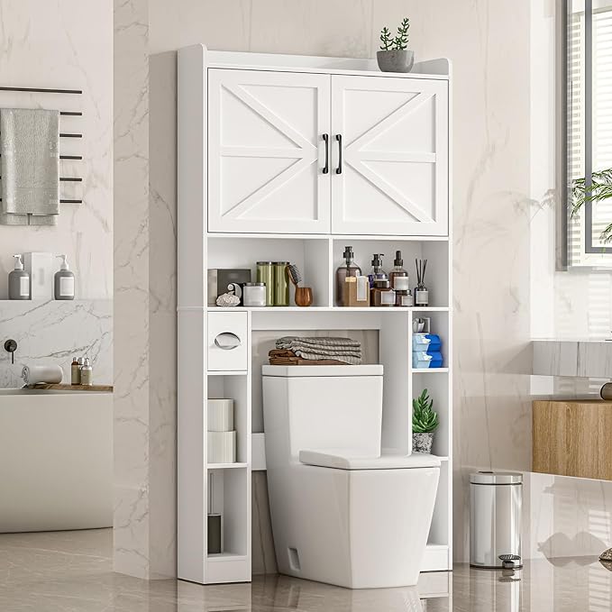 Over The Toilet Storage Cabinet, Farmhouse Toilet Cabinet Rack with Barn Doors, Space Saving Bathroom Organizer with Shelves, Toilet Paper Holder and Towel Rack for Bathroom,Restroom,Laundry(White)