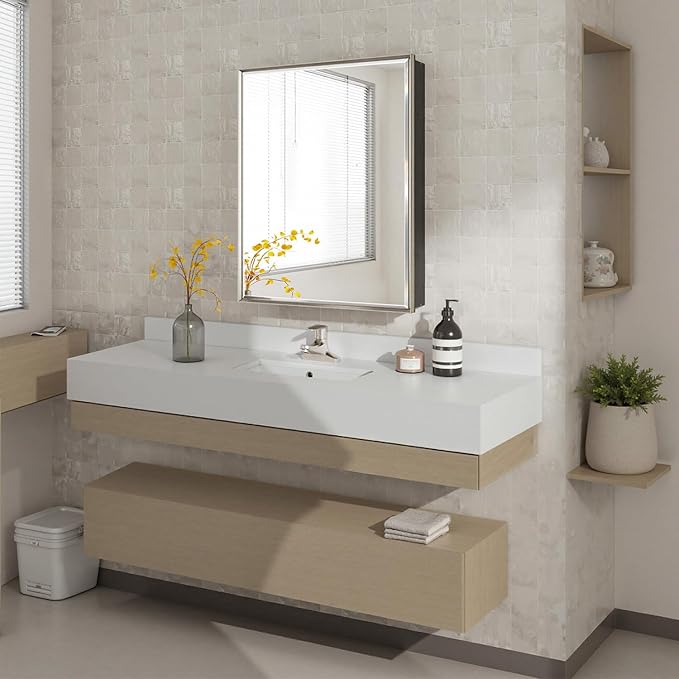 Pre-Assembled Surface or Recessed Medicine Cabinet Mirror-24x30 Brushed Nickel Bathroom Medicine Cabinet with Mirror & Rustproof Aluminum Frame, Beveled Bathroom Vanity Mirror with Storage