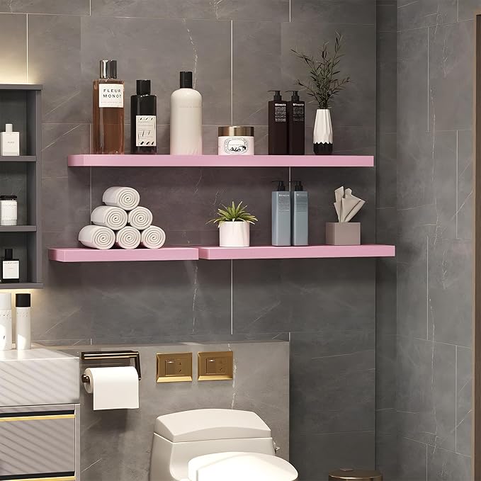 SAUMONIERES Floating Wall Shelves for Bedroom Bathroom Wall Mounted Solid Wood Shelf 24 Inch Set of 3, Pink Floating Shelves