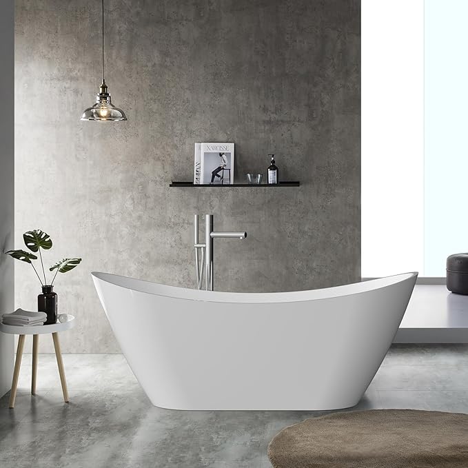 67 in Acrylic Freestanding Bathtub, Contemporary Stand Alone Tub,Glossy White Soaking Tub, with Chrome Overflow and Drain, CUPC Certified