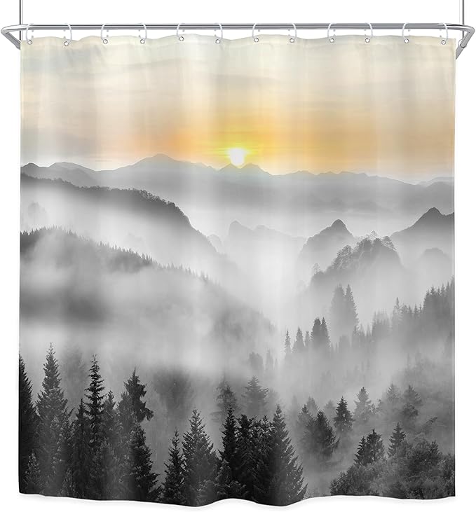 Riyidecor Misty Mountain Shower Curtain 72Wx72H Inch Black Sunrise Foggy Woodland Greenery Smokey Scenery Tree Nature Pine Scenic Rustic Bathroom Decor Fabric Polyester Waterproof 12 Pack Hooks