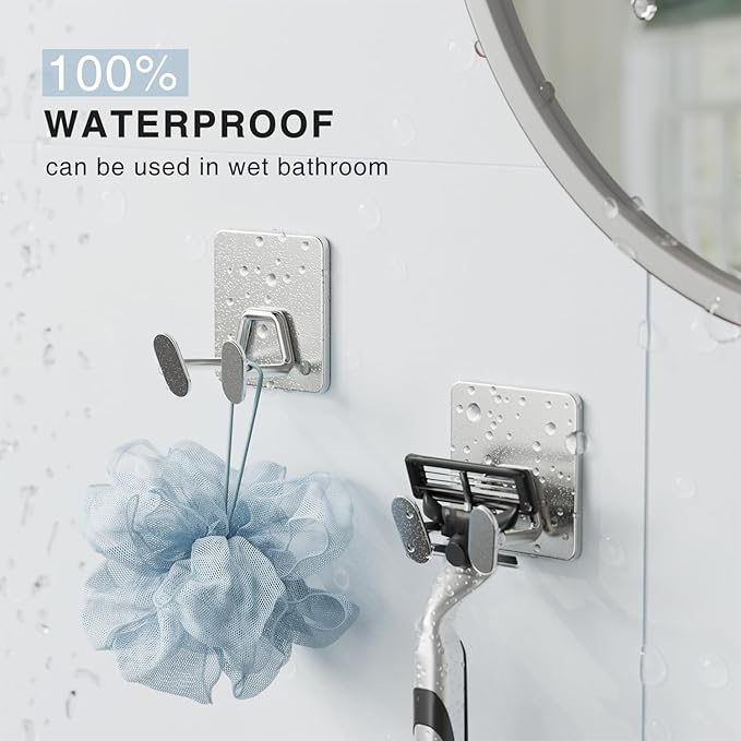 Shower Hooks for Inside Shower - Extra Sticky Stainless, Razor Holder Accessories, Wall Mounted Self-Adhesive Double Hooks for Razor, Loofah, Towel, Shaver, Coat, Key, Silver 6 Pack