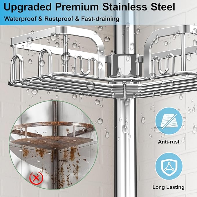 Corner Shower Caddy Tension Pole,39-113 inch Adjustable Rustproof Floor Standing Shower Organizer Shelf with 4 Basket for Bathtub,Inside Shower Shampoo Storage Silver