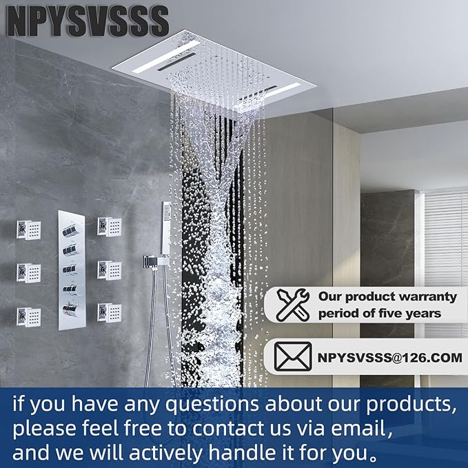 Multi Full Body Thermostatic Luxury Spa Shower System And 14x20 Inch LED 4 Functions Faucet Set, Rainfall Spray Waterfall Can Be Turned On Simultaneously,Polished Chrome