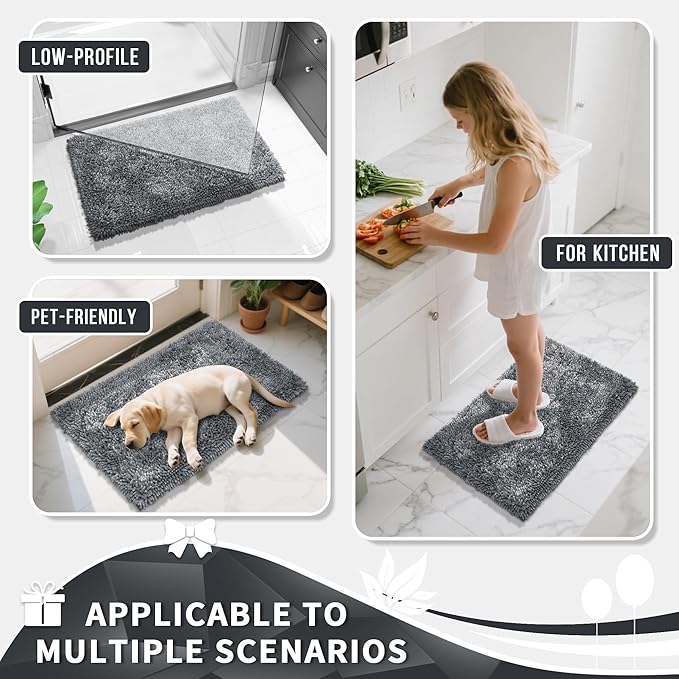 Yimobra Chenille Bathroom Rugs Non Slip, Extra Thick Soft Absorbent Bath Rug 31.5x20 Inch, Machine Washable Quick Dry Bath Mat for Bathroom Floor, Tub and Shower, Home Decor Accessories, Silver