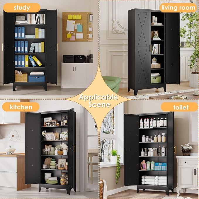 71" H Metal Kitchen Pantry Storage Cabinet, Freestanding Cupboard with 2 Doors and 4 Adjustable Shelves, Standing Storage for Kitchen, Bathroom, Garage, Dinning Room or Utility Room(Black)