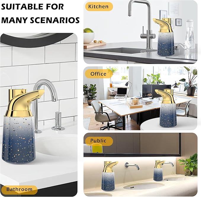 Adjustable Automatic Soap Dispenser Touchless, Ceramic Material,4 Adjustable Levels, Type-c Rechargeable Operated Sensor Liquid Soap Pump,Touch-Free Hand Sanitizer Dispenser (Starry Gold)