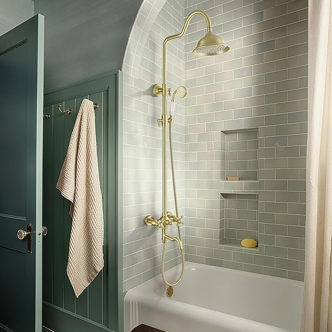Exposed Shower System Brushed Gold,Antique Brass Shower Faucet Set with 8 Inches Rainfall Shower Head Vintage,Outdoor Shower Fixture with Foldable Tub Spout