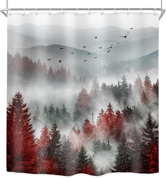 Riyidecor Red Black Mountain Shower Curtain 72Wx72H Inch Nature Scenery Foggy Pine Tree Scenic Woodland Cool Landscape Foggy Natural Mens Bathroom Decor Fabric Polyester Waterproof 12 Pack Hooks