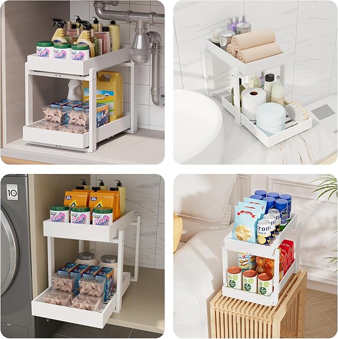 Bamboo Wood Under Sink Organizer 2 Pack, Pull Out Cabinet Organizer 2 Tier Under Sink Organizers and Storage with Sliding Drawer Sturdy Easy Assembly for Kitchen Bathroom Undersink, White