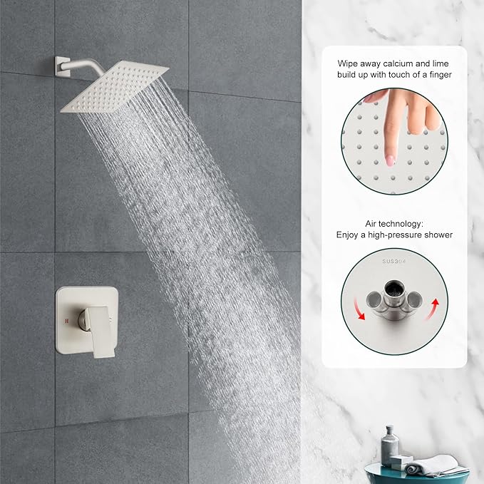 Heyalan 8 Inch Shower Head and Handle Set Square Shower Faucet Set Bathroom Rainfall Shower System Stainless Steel Showerhead Single Function Shower Trim Kit,Female Thread Valve,Brushed Nickel
