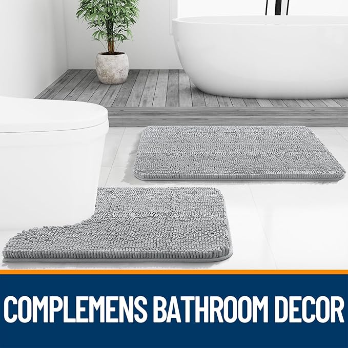 OLANLY Bathroom Rugs Sets 2 Piece, Soft Absorbent Chenille Bath Mats and U-Shaped Contour Toilet Mat Area Rug Set, Machine Washable Bath Carpet, Home Decor Accessories(24"x16"+24"x20", Light Grey)