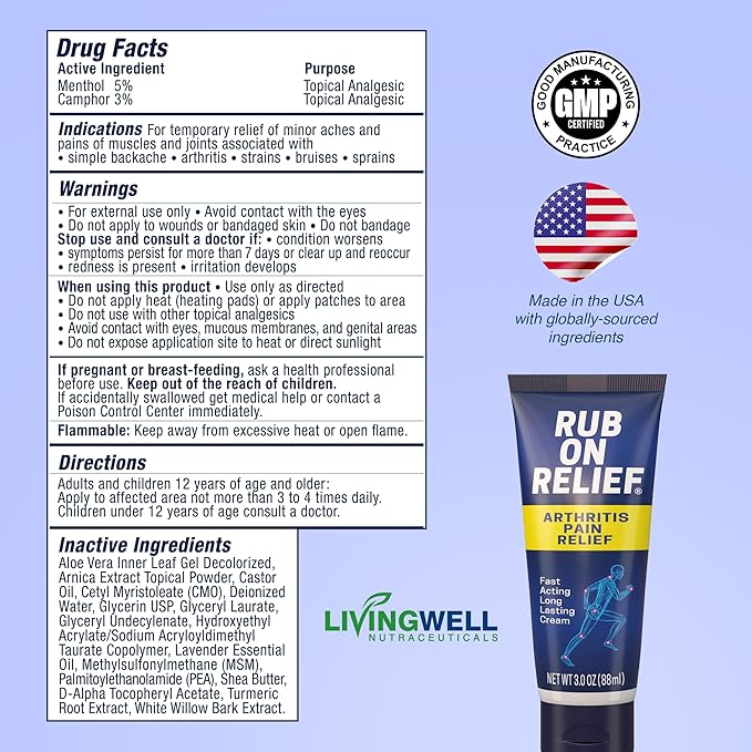 RUB ON RELIEF Topical Pain Relief Cream - Non-Greasy Joints Pain Cream for Knees, Shoulders & Back, Targeted Arthritis & Muscle Aches with Arnica, MSM, Turmeric, Aloe Vera, & Castor Oil- 3 oz (1 Pack)
