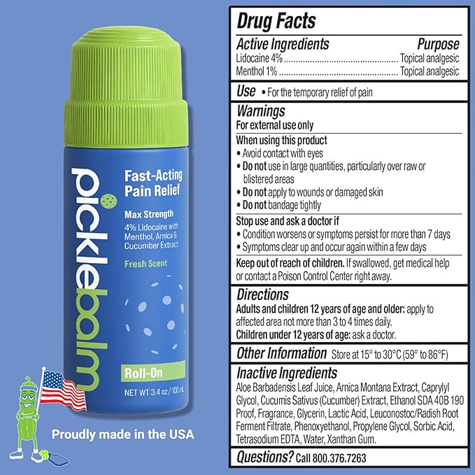 PickleBalm Pickleball In-Game Muscle Pain Relief Roll-On with 4% Lidocaine, Arnica, Menthol, Cucumber Seed Extract for Shoulders, Knees, Wrists, and More, 3.4oz Roll-On Applicator