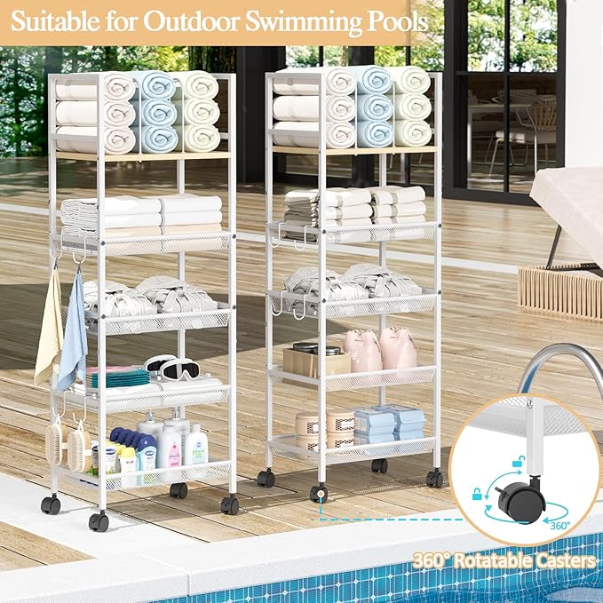 5-Tier Bathroom Storage Shelf, Mobile Metal Free Standing Shelving Unit with Wheels, Towel Rack Organizer with M-Shaped Detachable Dividers & 4 S-Hooks, Rolling Cart for Bathroom Laundry Kitchen,White