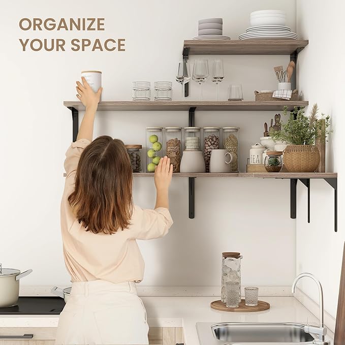 Fun Memories Floating Shelves for Wall, 12 Inch Deep Floating Shelves Set of 2, Wall Mounted Shelf with Metal Brackets, Rustic Wood Wide Shelf for Bathroom, Kitchen and Living Room, Grey, 36W x 12D