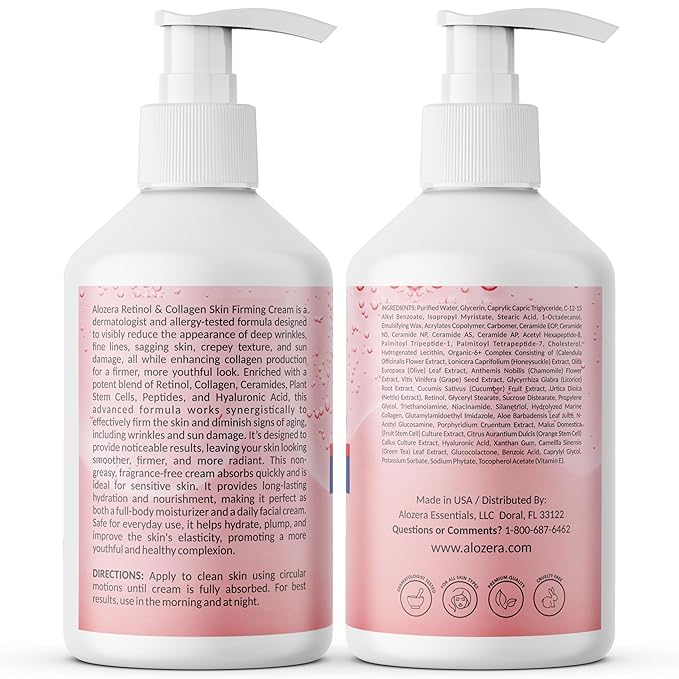 Alozera Skin Firming Retinol Collagen Body Lotion with Stem Cells for Aging Skin and Wrinkles, Non-Greasy, Lightweight Moisturizer, Fragrance-Free, 16.9 oz 2-Pack