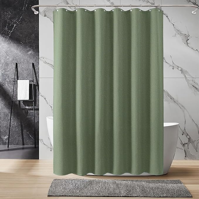 Inhousolu Fabric Shower Curtain Waffle Weave, Sage Green 230 GSM Heavy Duty, Weighted Hem, 12 Metal Hooks, Water Repellent, Machine Washable, Hotel Spa Luxury Bath Curtain Set, 54 x 78 Inch