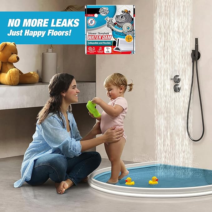 Shower Threshold Water Dam Barrier 39" - White Collapsible Shower Water Blocker - Shower Guard for Walk in Shower - Water Guard Stopper for Floor - Shower Dam - 1.5" Tall - By Hippo Dam