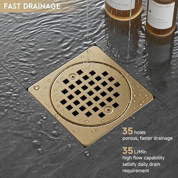 Yaseingo Removable Square Shower Floor Drain Compatible with Schluter Kerdi Drain Flange, 4 Inch Drain Grate Kit SS304 Stainless Steel and ABS Material - CUPC Certification, Champagne Bronze