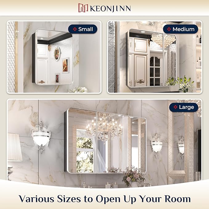 Keonjinn 20 x 26 Inch Chrome Recessed Medicine Cabinets, Mirrored Bathroom Medicine Cabinet, Elegant Silver Stainless Steel Framed, Adjustable Shelves, in Wall or Surface Mount, Soft Closing, Modern