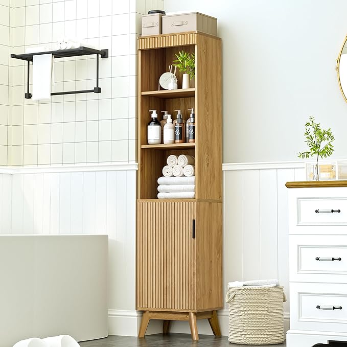 68" Tall Bathroom Storage Cabinet,Narrow Fluted Tower Cabinet with Door and Shelves,Slim Space Saving Storage Unit for Bathroom Kitchen Living Room (Natural, 11.8" D x 15.75" W x 68" H)