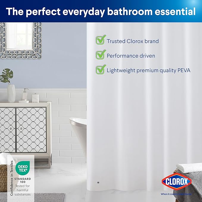 CLOROX Shower Curtain Liner, Premium Lightweight Flexible Waterproof 3g PEVA for Bathroom with Weighted Magnets, Standard Size 70" x 72", White 1 Pack