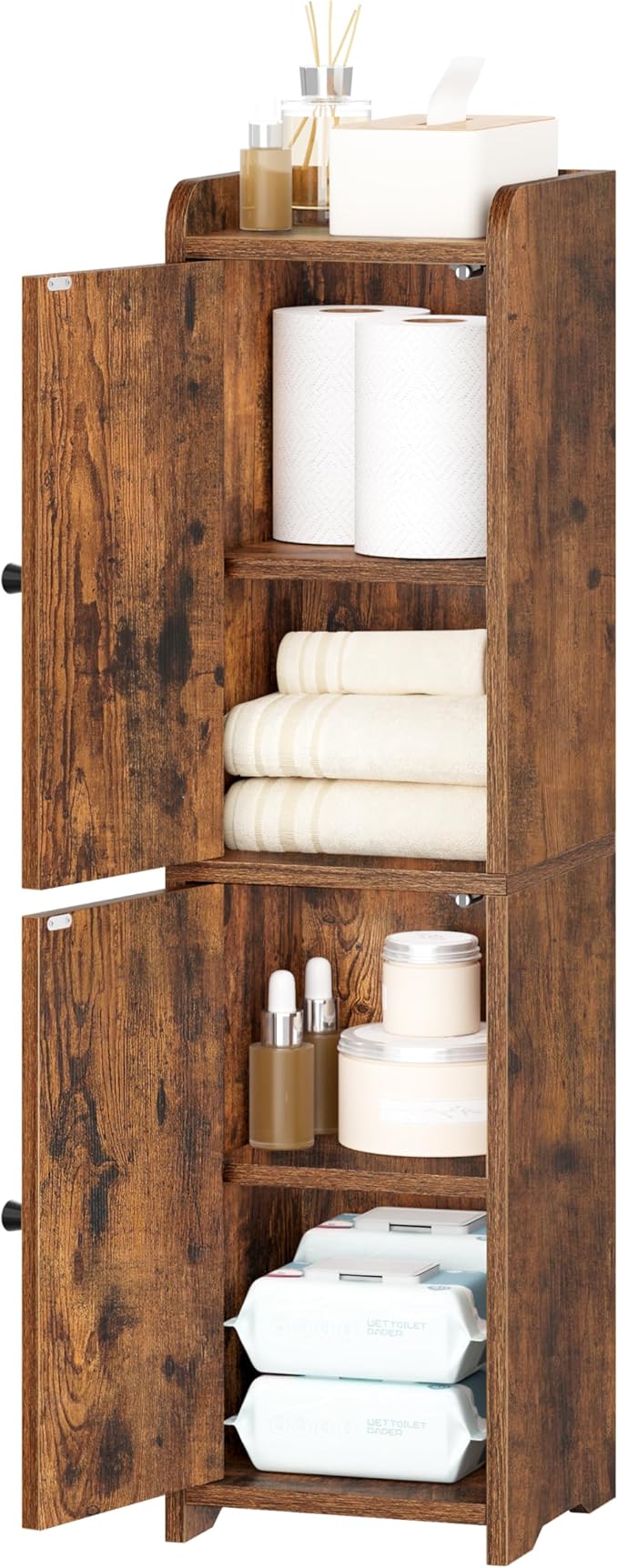 Bathroom Storage Cabinet, Corner Floor Cabinet with 2 Doors and Adjustable Shelf, Narrow Toilet Paper Cabinets, Bathroom Organizer for Small Spaces, 7.9" D x 7.9" W x 29.5" H Rustic Brown