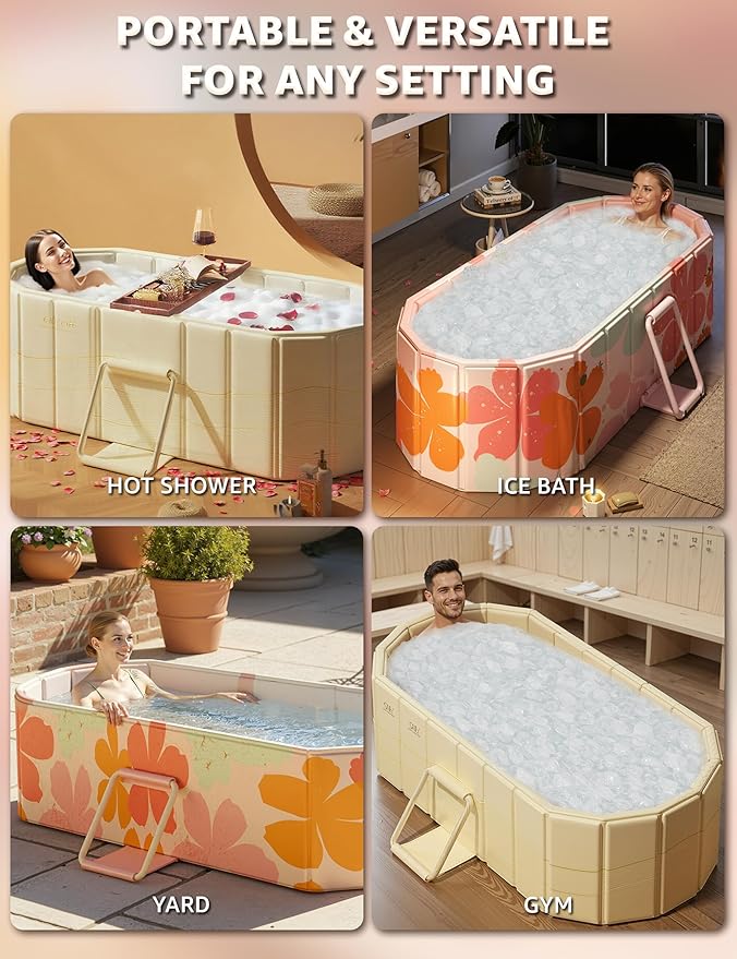 Portable Bathtub Ice Bath Tub - Foldable Collapsible Bathtub for Adult Shower Bathroom Hot SPA Soaking Cold Plunge Tub Freestanding Bathtub 47"Lx22"Wx20"H Pink