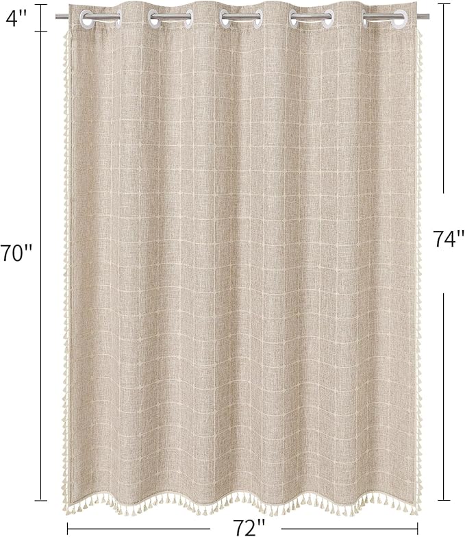 MitoVilla No Hooks Needed Boho Farmhouse Shower Curtain with Snap-in Liner, Cotton Linen Fabric Shower Curtains with Tassels for Rustic Neutral Bathroom Decor, Tan/Taupe, 72 x 74