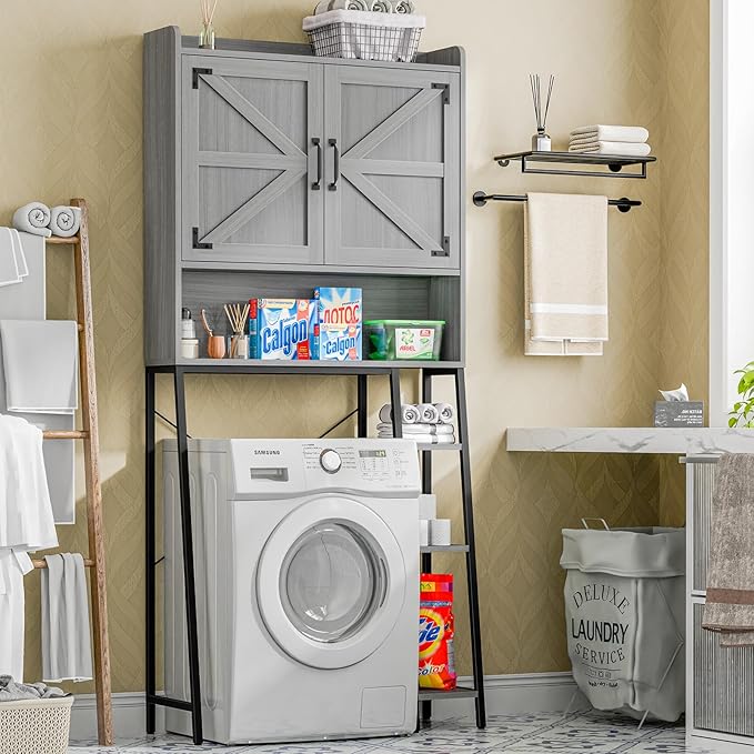 Vabches Over The Toilet Storage Cabinet, Farmhouse Storage Cabinet Over Toilet with Barn Doors & Toilet Paper Holder Stand,Home Space-Saving Toilet Rack, for Restroom/Laundry and Bathroom