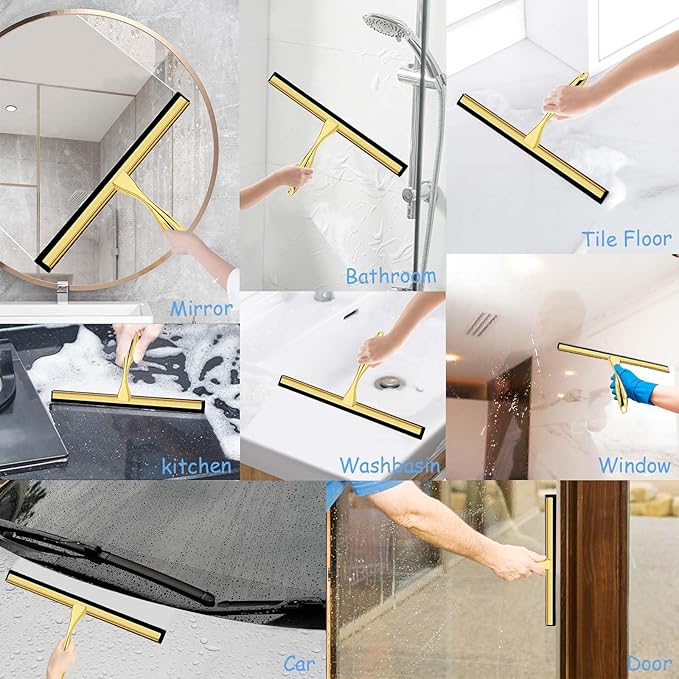 Shower Squeegee for Glass Doors, 12 Inches Bathroom Squeegee with Spare Silicone Blade, Shower Door Hook and Adhesive Hook, Stainless Steel Bathroom Squeegee for Mirror Window (12in-Gold-1 Pack)