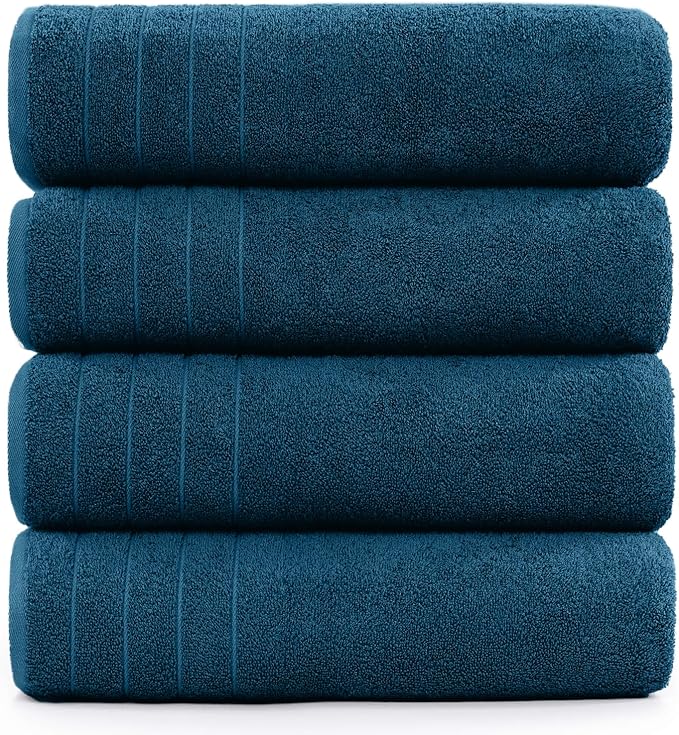 DAN River Extra Large Bath Towels Set of 4, 30 x 60 Inches - 100% Cotton Larger & Lighter Weight Towels for Bathroom - Quicker to Dry, Super Soft & Highly Absorbent Towels for Home, Blue Opal