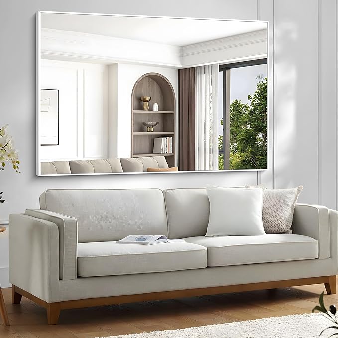 BONEWEI White Bathroom Mirror,60x40 inch Wall Mirror for Bathroom Wall Mounted,Large Rectangle Mirror for Bathroom Over Sink,Modern Metal Frame for Living Room,Bedroom Entryway,Horizontal/Vertical