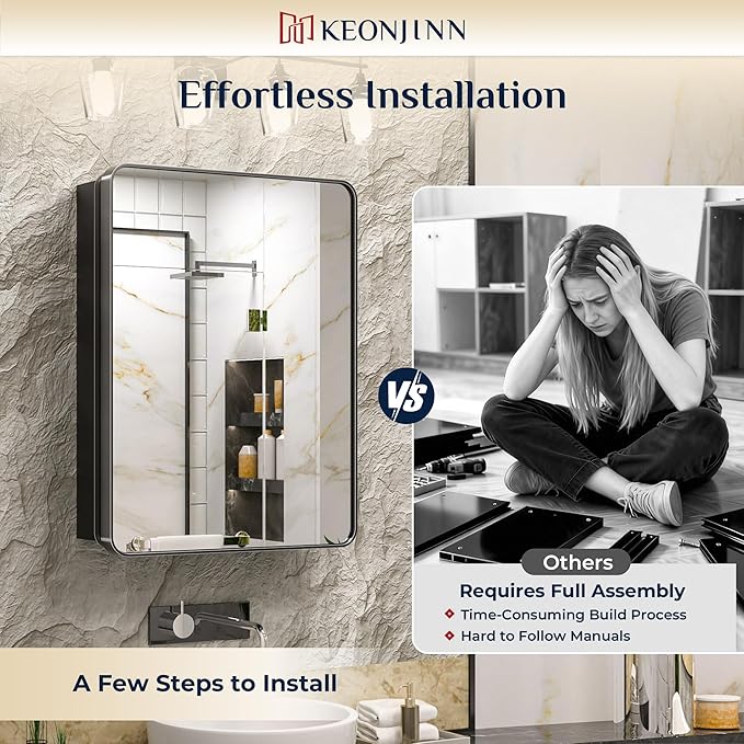 Keonjinn 15 x 36 Inch Black Slim Medicine Cabinets, Narrow Bathroom Medicine Cabinet with Mirror, Stainless Steel Framed, Adjustable Shelves, Recessed or Wall Mount, Soft Closing, Modern Farmhouse