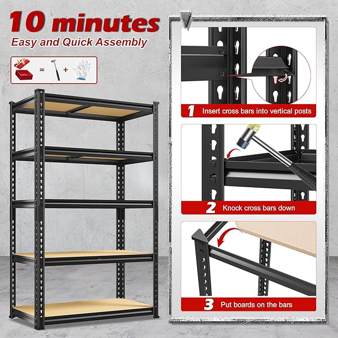 REIBII Storage Shelves 2020LBS Garage Shelving Heavy Duty Metal Shelving 5 Tier Metal Shelf for Garage Pantry Closet Kitchen Basement 28" W x 12" D x 59.8" H, 4 Pack